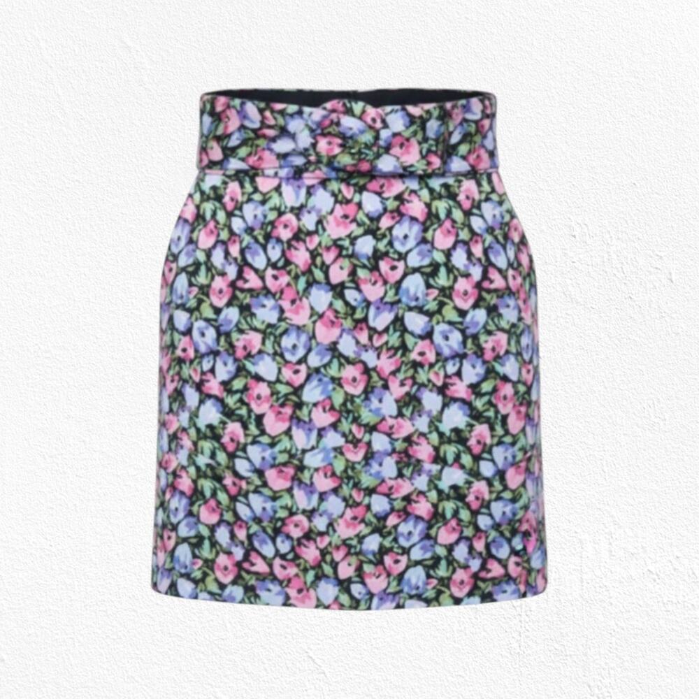 Zara Black Pink Pastel Floral Belted High Waisted Cottage Mini Skirt Size Small